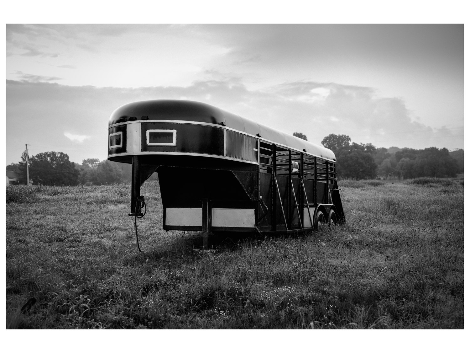 Black-and-white livestock trailer photograph
