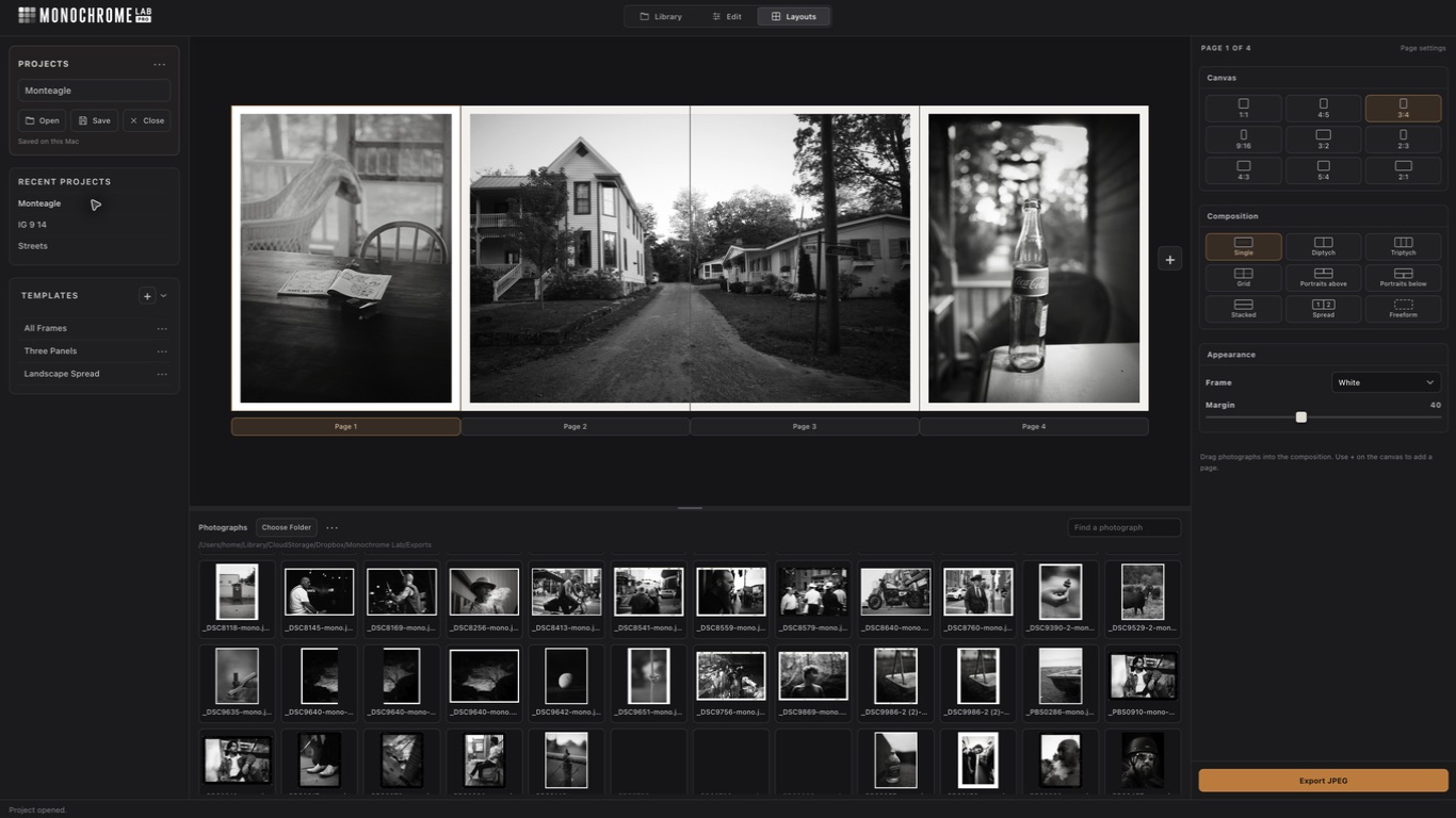 Monochrome Lab Pro Layouts showing the Monteagle project across four pages, with Projects, Templates, Canvas, Composition, and Appearance controls