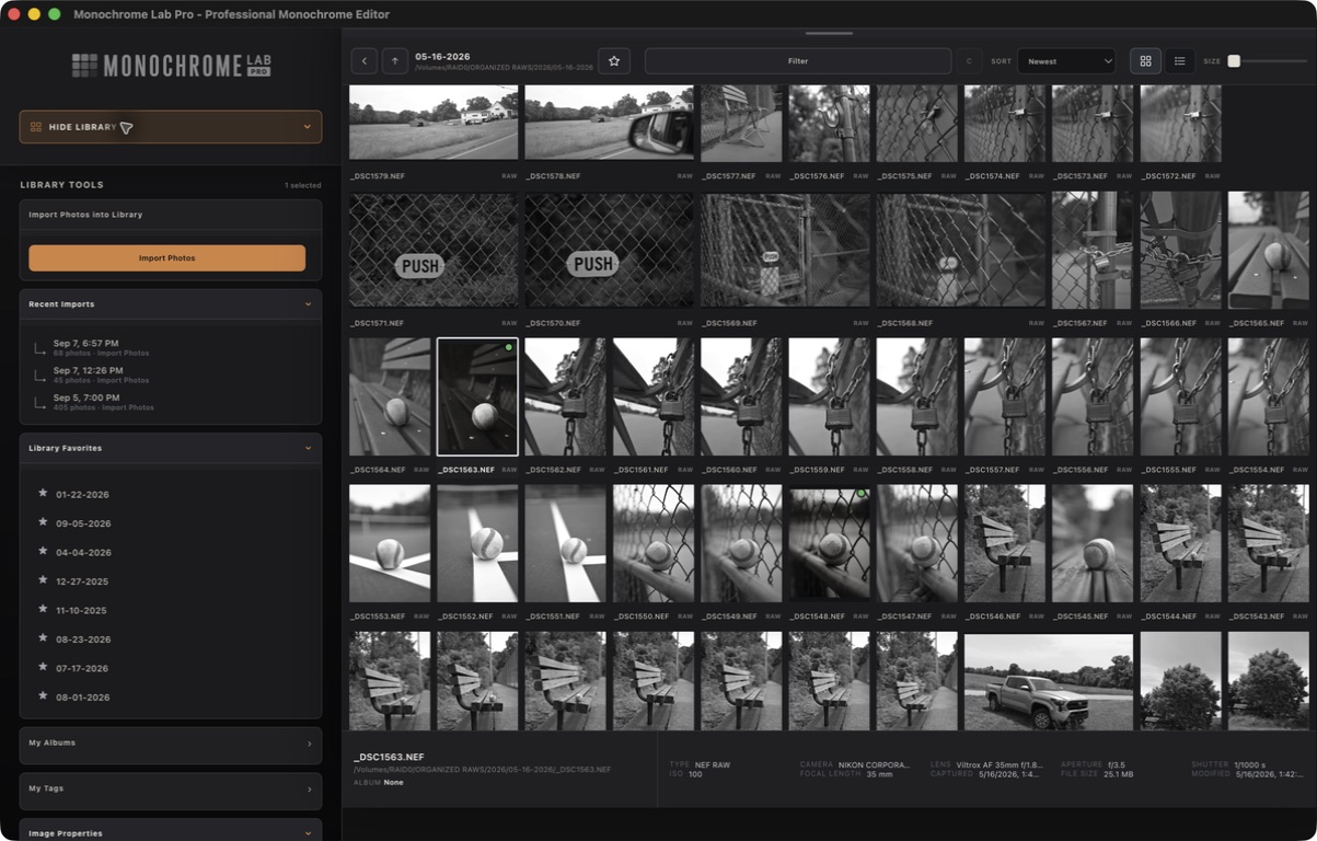 Monochrome Lab PRO Library showing folders, RAW thumbnails, filters, ratings, albums, tags, and metadata
