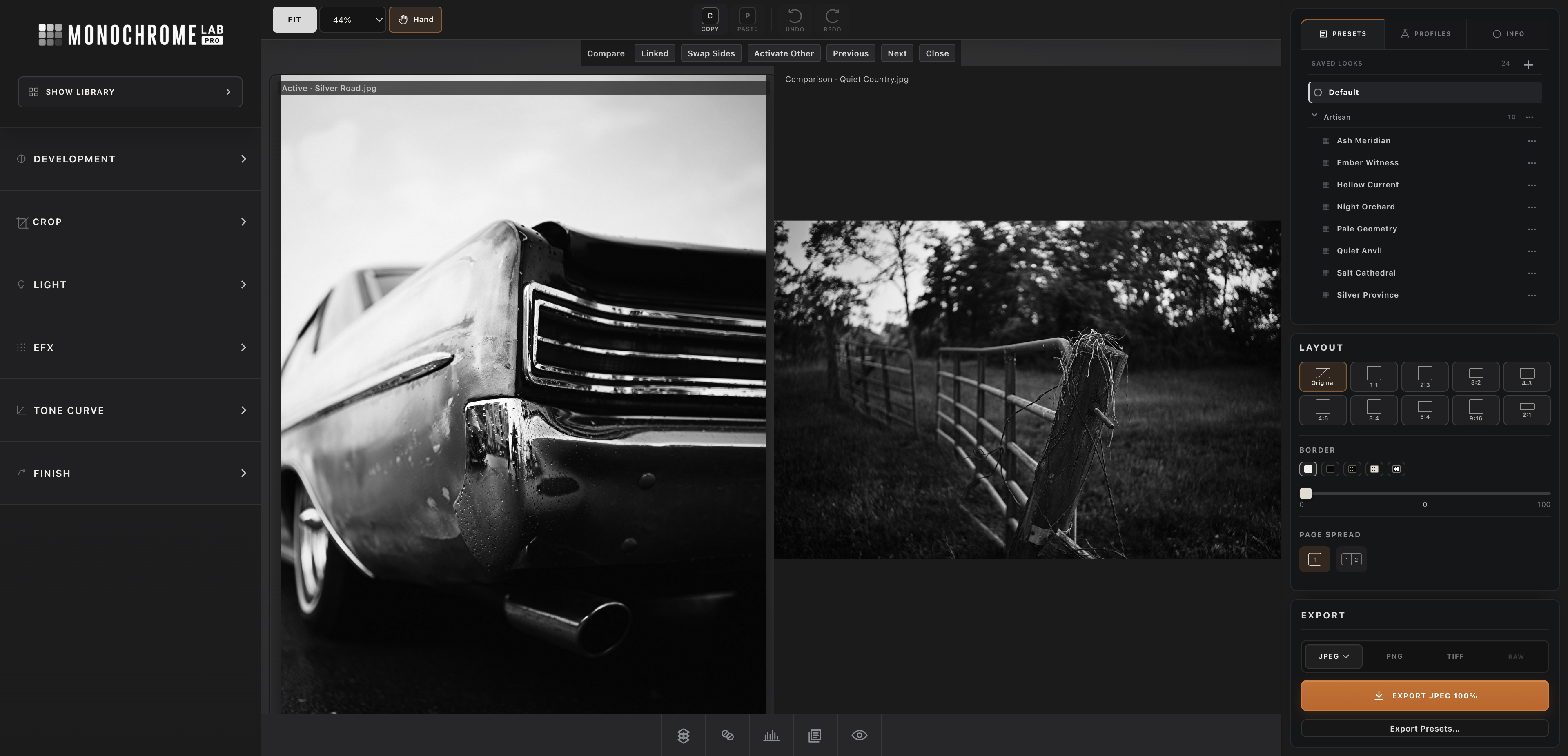 Monochrome Lab PRO Compare workspace showing a classic car beside a quiet country fence