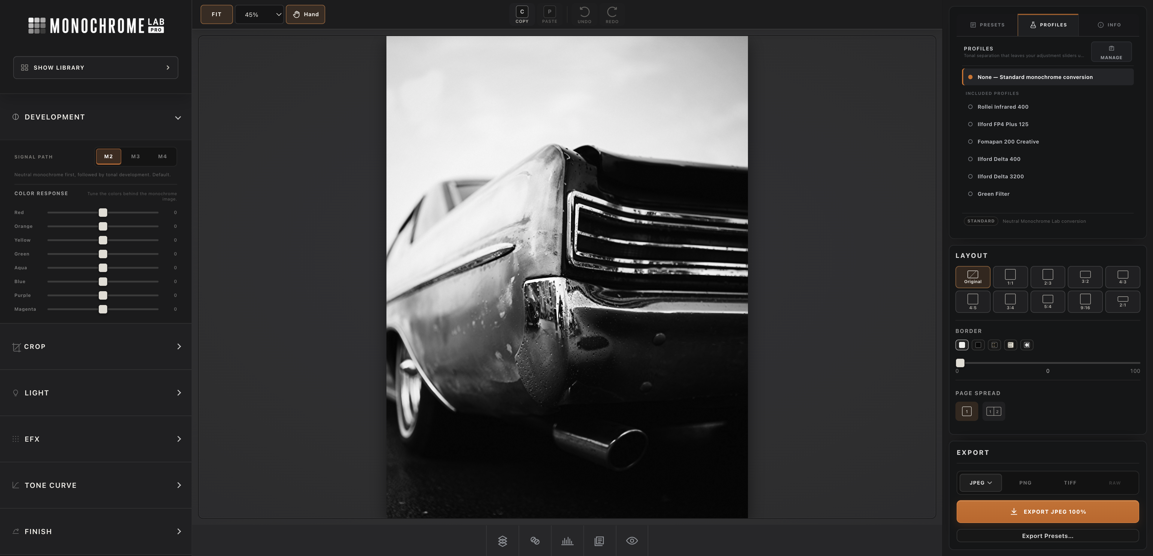 Monochrome Lab PRO editing a black-and-white classic car photograph with Development, Color Response, film Profiles, framing, and Export controls visible