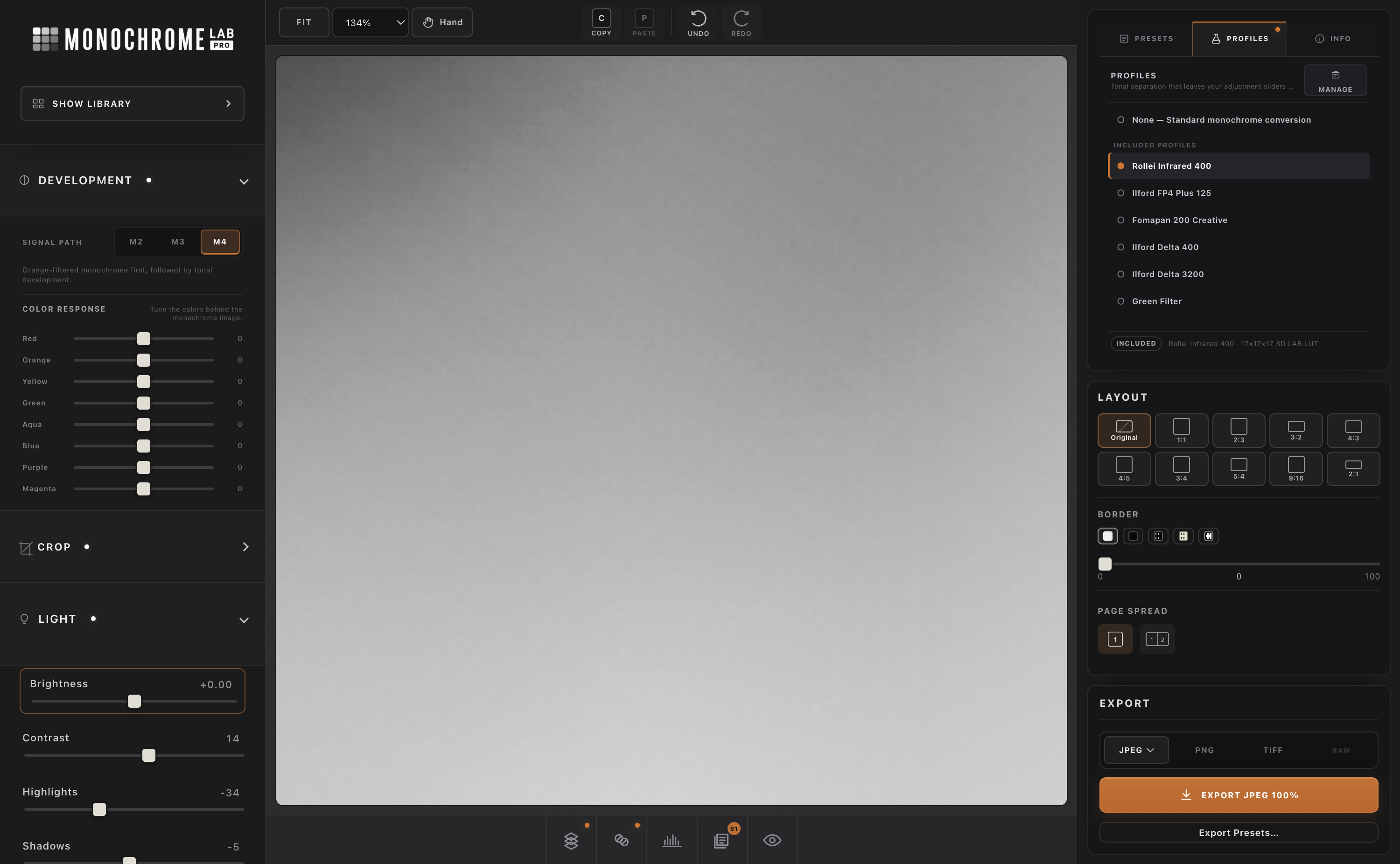 Actual Monochrome Lab PRO 4.6.0 editor with Signal Path, Color Response, Presets, Layout, and Export